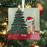 Cute Corgi in Santa Hat Personalized Christmas Glass Ornament<br><div class="desc">This beautiful Pembroke Welsh Corgi dog has a cute Santa Claus hat and an adorable head tilt. The pretty pup is sitting in front of a gorgeous Christmas tree decorated with colorful ornaments. Personalize your pet's name in lovely cursive under the wonderful drawing of my favorite doggy.</div>