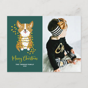Cute Corgi in String Lights Merry Christmas Photo Holiday Postcard