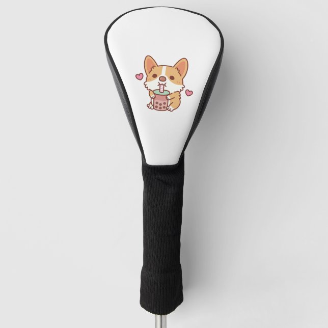 Cute Corgi Loves Drinking Bubble Tea Golf Head Cover (Front)