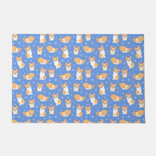 Cute Corgi Pattern Blue Doormat