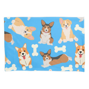 Cute Corgi Pattern Blue Pillow Case