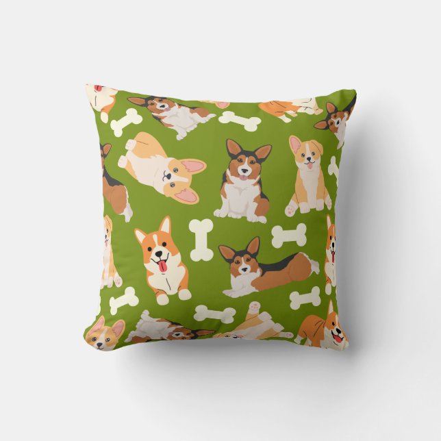 Cute Corgi Pattern Green Throw Pillow (Front)