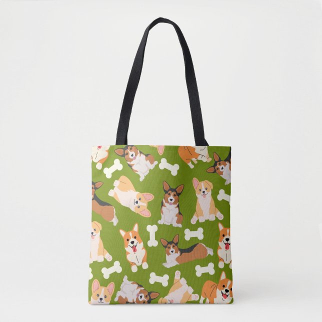 Cute Corgi Pattern Green Tote Bag (Front)