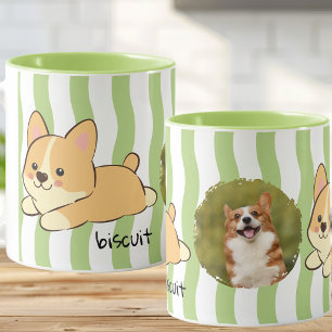 Cute Corgi Photo Name Green Wavy Stripes Mug