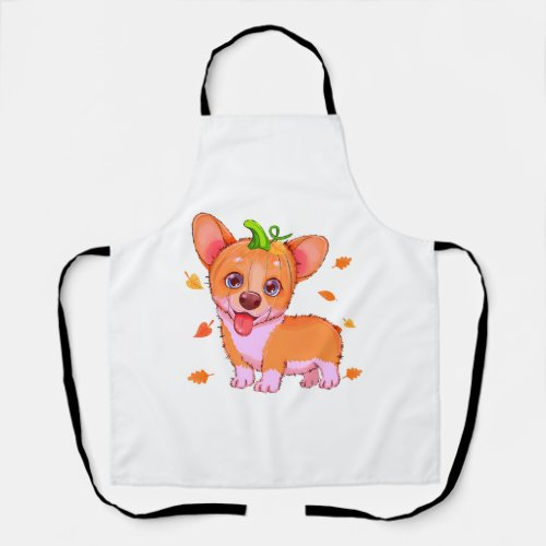 Cute Corgi Pumpkin Head Autumn Leaves Fall Apron