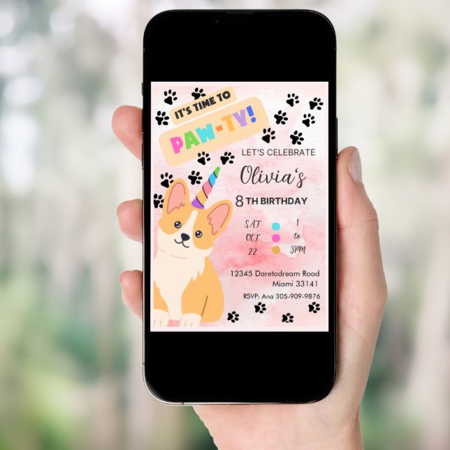 Cute Corgi Puppy Dog Birthday Invitation (Front Digital)