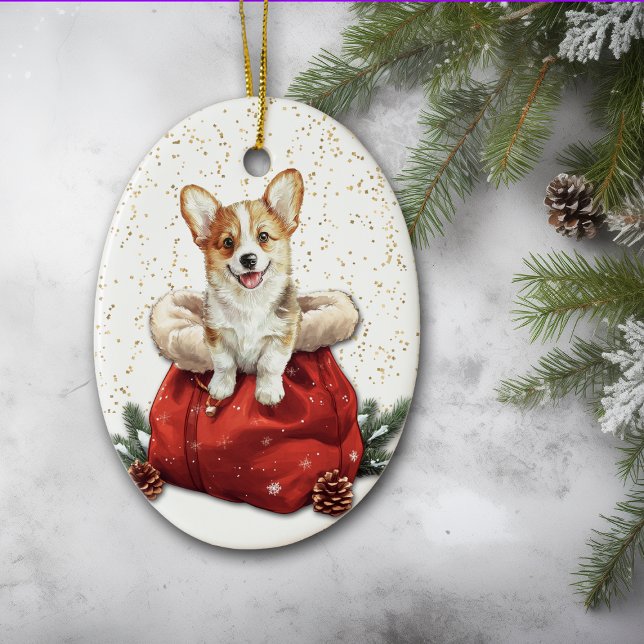 Cute Corgi Puppy Dog Christmas Gift Bag Ceramic Ornament (Creator Uploaded)