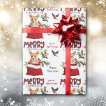 Cute Corgi Puppy Dog Christmas Gift Bag Wrapping Paper<br><div class="desc">The repeated pattern on this cute Christmas wrapping paper is an image of an adorable red and white Corgi puppy peeking out from a Holiday gift bag. Behind him is a sprig of holly and red berries. A red and black bullfinch bird is about to land. Stylized red and black...</div>