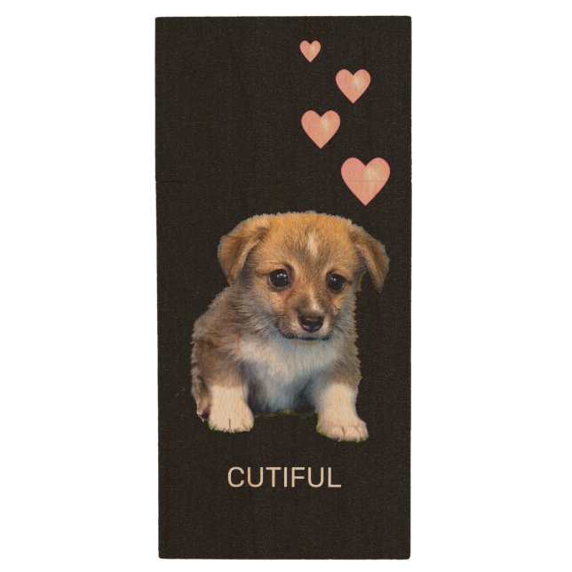 Cute Corgi Puppy Dog & Hearts on Black Wood Flash Drive (Front Vertical)