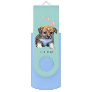 Cute Corgi Puppy Dog & Hearts on Light Blue Flash Drive