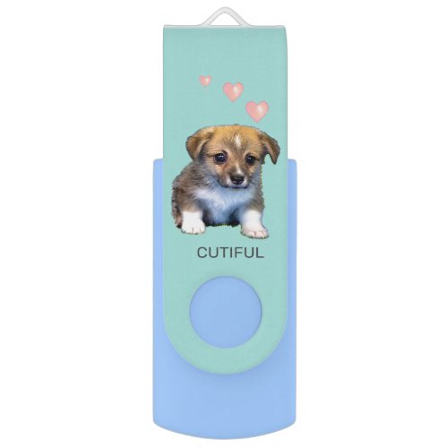 Cute Corgi Puppy Dog  Hearts on Light Blue Flash Drive