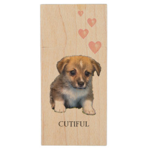 Cute Corgi Puppy Dog & Hearts Wood Flash Drive