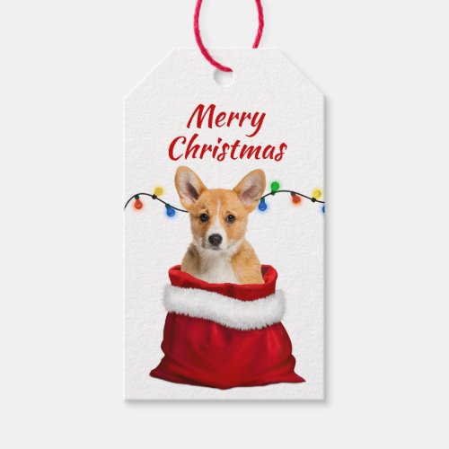 Cute Corgi Puppy Dog in Santa Bag Gift Tags