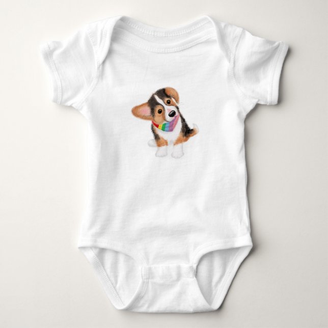 Cute corgi puppy in rainbow bandana baby bodysuit (Front)