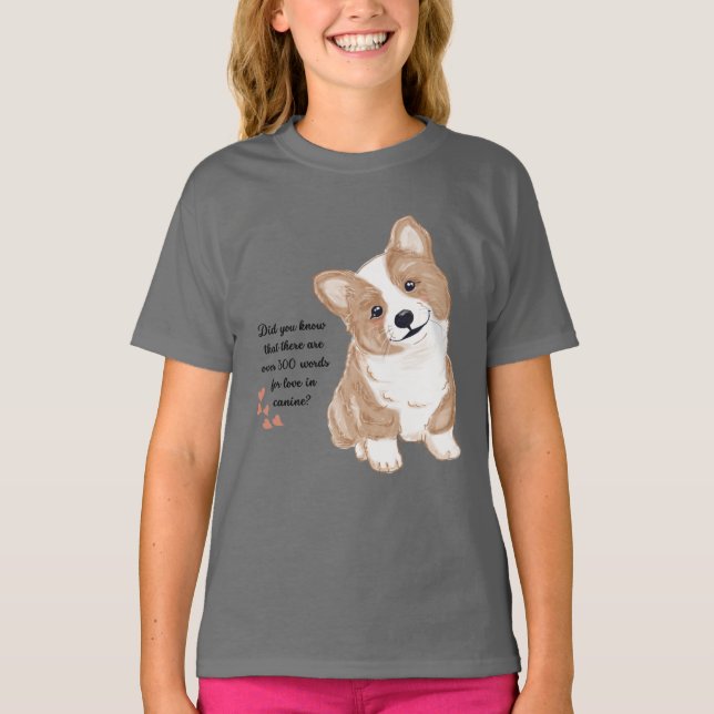 Cute Corgi Puppy Love Kids Graphic Gray T-Shirt (Front)