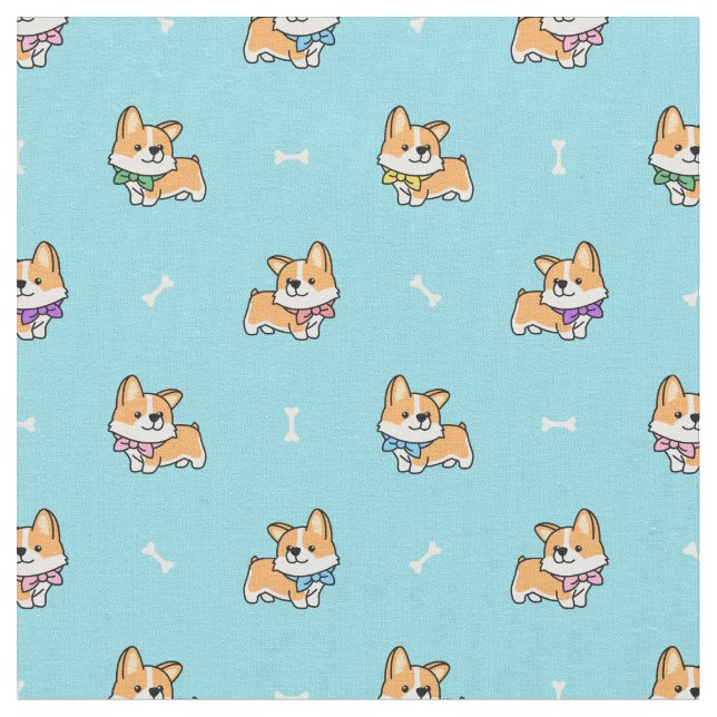 Cute Corgi Puppy Pattern Baby Blue with Dog Bones Fabric (Close Up)