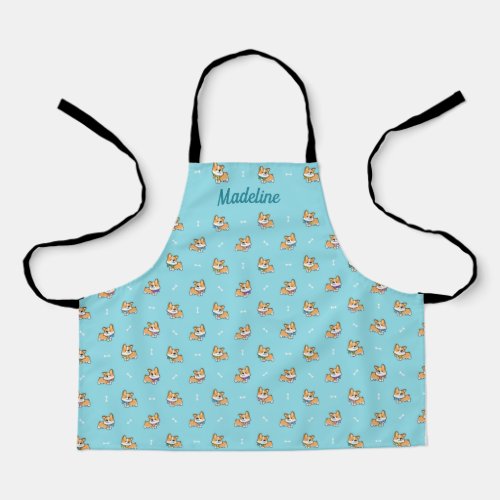 Cute Corgi Puppy Pattern Blue Custom Kids Apron