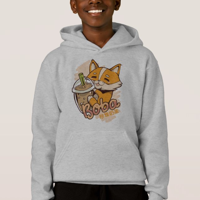 Cute Corgi Puppy with Bubble Tea Hoodie (Front)