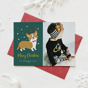 Cute Corgi Reindeer Antlers Christmas Dog Photo Holiday Card