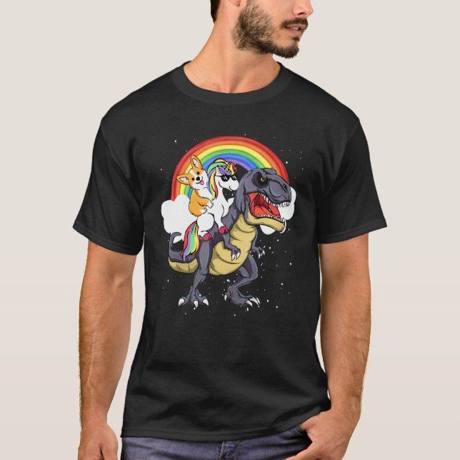 Cute Corgi Ride Unicorn Ride Dinosaur Gif T-Shirt (Front)