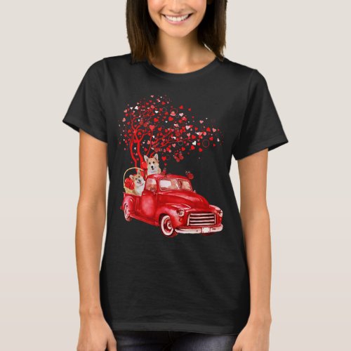 Cute Corgi Riding Red Truck Valentine Butterfly He T_Shirt