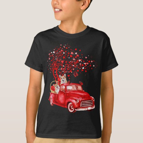 Cute Corgi Riding Red Truck Valentine Butterfly He T_Shirt