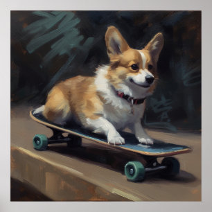 cute corgi riding skateboard poster
