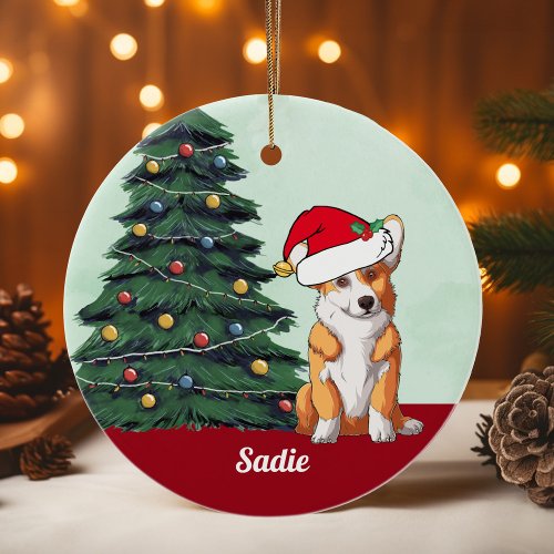 Cute Corgi Santa Hat Monogrammed Christmas Tree Ceramic Ornament