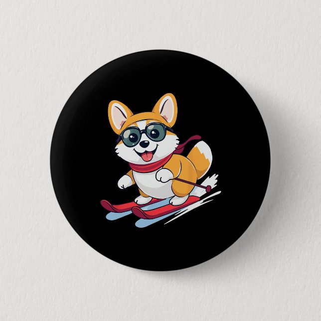Cute Corgi Skiing  Button (Front)