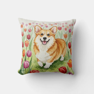 Cute Corgi Tulips Spring Pillow