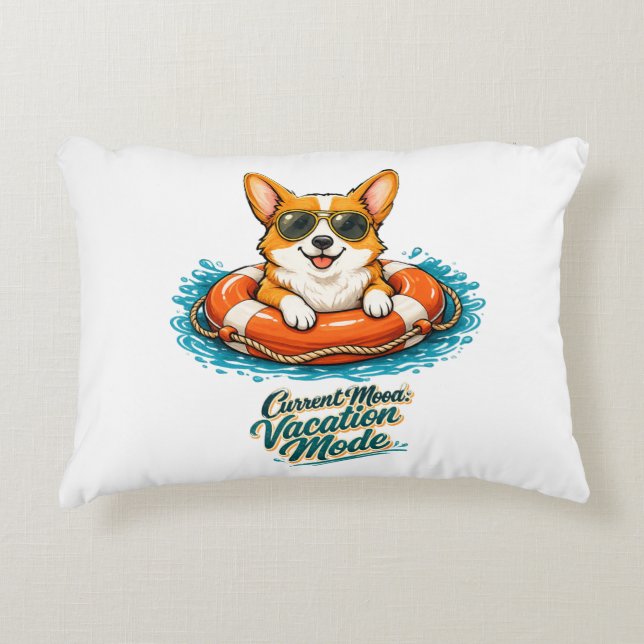 Cute Corgi "Vacation Mode" Summer Design Accent Pillow (Front)