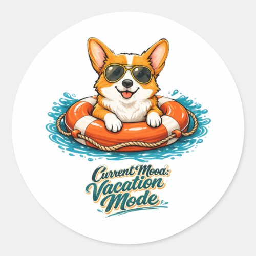 Cute Corgi "Vacation Mode" Summer Design Classic Round Sticker