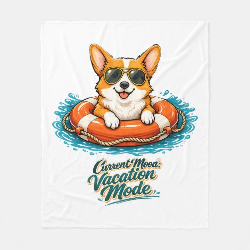 Cute Corgi "Vacation Mode" Summer Design Fleece Blanket