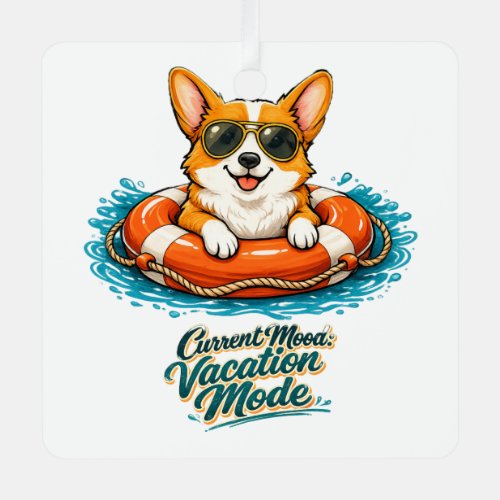 Cute Corgi "Vacation Mode" Summer Design Metal Ornament