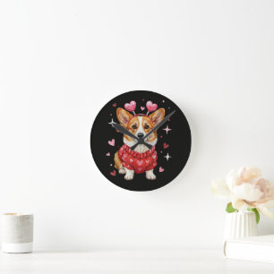 Cute Corgi Valentine Heart Valentines Day Round Clock