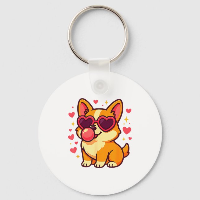Cute Corgi Valentine Puppy With Heart Sungles  Keychain (Front)
