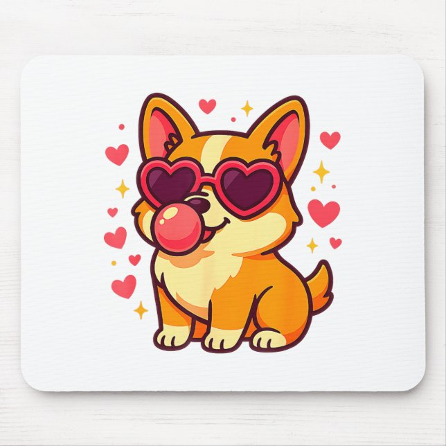 Cute Corgi Valentine Puppy With Heart Sungles  Mouse Pad (Front)