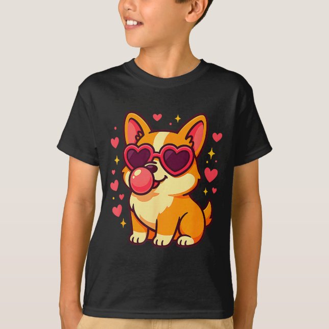 Cute Corgi Valentine Puppy With Heart Sungles  T-Shirt (Front)