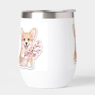 Cute Corgi with Cherry Blossom Branch Thermal Wine Tumbler