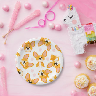 Cute Corgi with Hearts Birthday Paper Plates