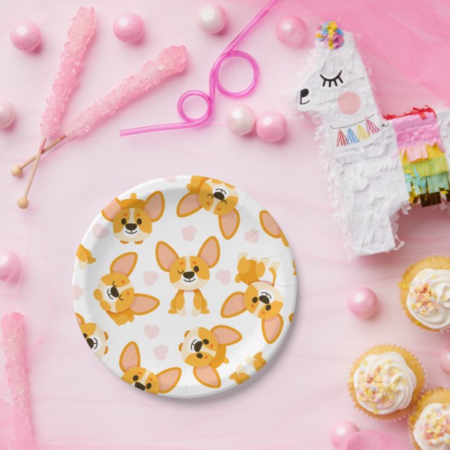 Cute Corgi with Hearts Birthday Paper Plates (Party)