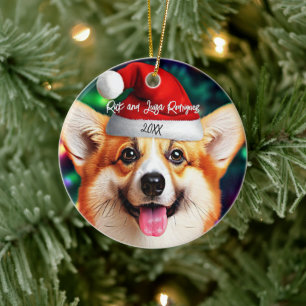 Cute Corgi with Santa Hat Christmas Ceramic Ornament