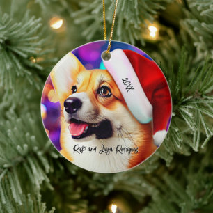 Cute Corgi with Santa Hat Christmas Ceramic Ornament