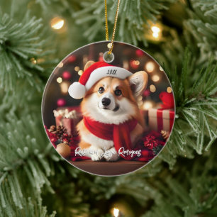 Cute Corgi with Santa Hat Christmas Ceramic Ornament