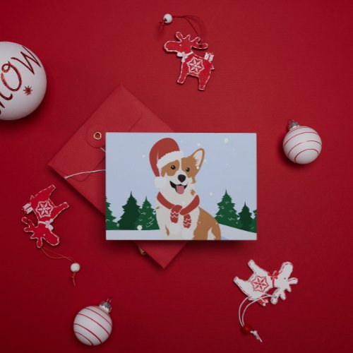 Cute Corgi With Santa Hat in Snow with Trees  Holiday Postcard