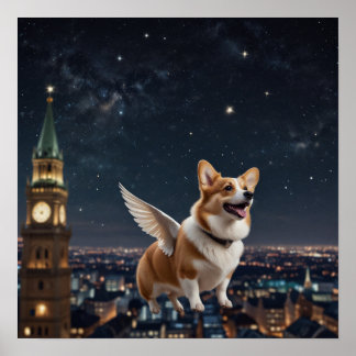 Cute Corgi With Wings Flying Above a City Sky Poster