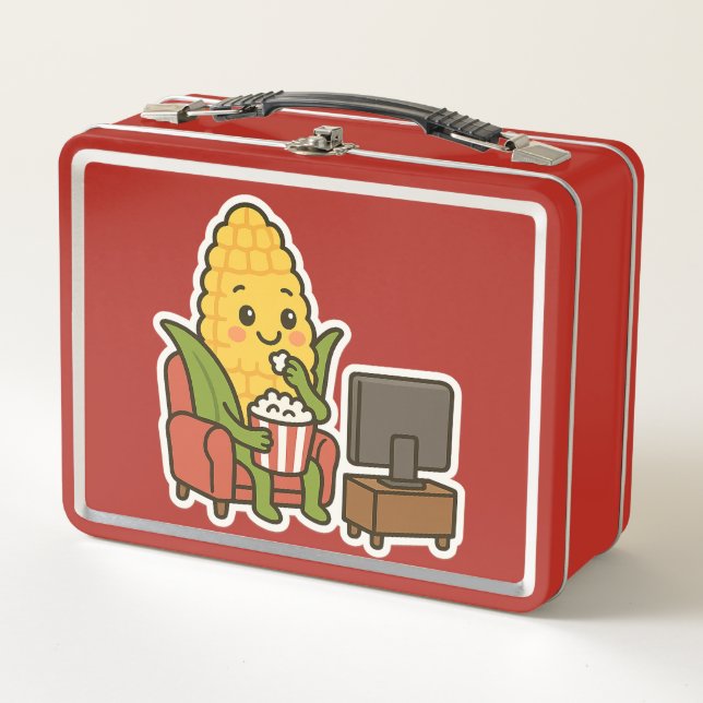 Cute Corn Watching TV with Popcorn  Metal Lunch Box (Front)