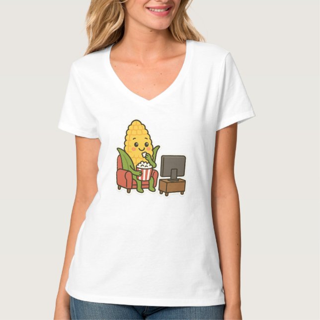 Cute Corn Watching TV with Popcorn T-Shirt (Front)