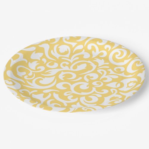 Cute Corn Yellow White Damask Floral Pattern Paper Plates