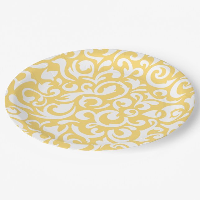 Cute Corn Yellow White Damask Floral Pattern Paper Plates (Angled)